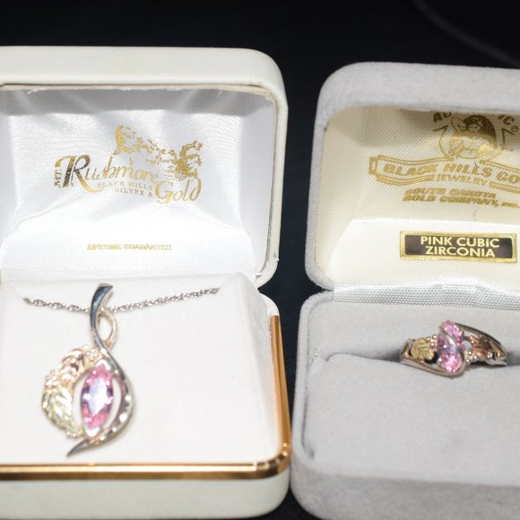 Vintage Sterling 12k. Black Hills Gold Pink CZ Necklace and Ring. Size 7 - Picture 1 of 14